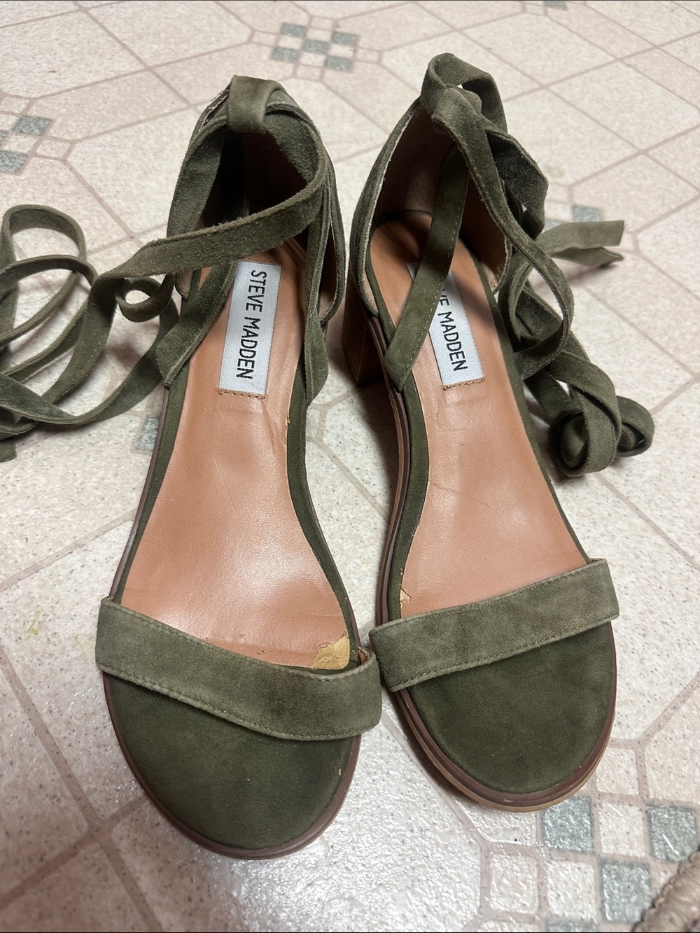 Steve Madden Olive Suede Wrap-Ankle Block Heel Sandals